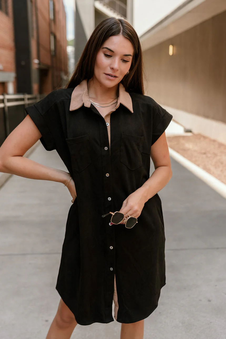 Rachelle Black Twill Suede Contrast Mini Dress - Image 3