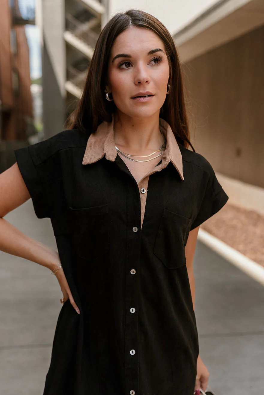 Rachelle Black Twill Suede Contrast Mini Dress - Image 4
