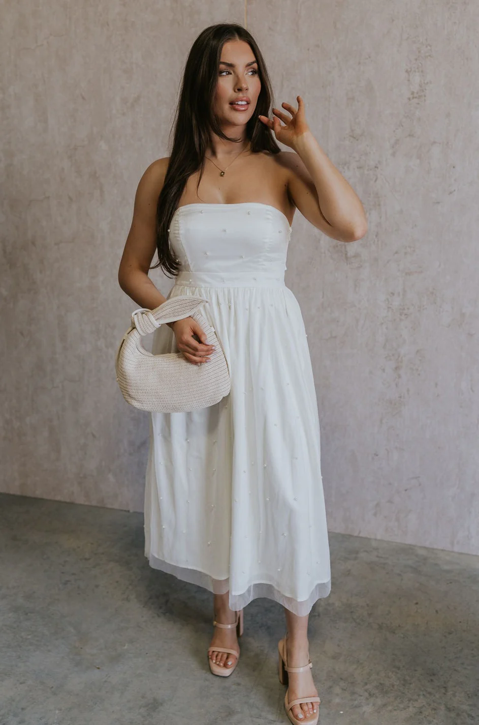 Rebecca Off White Pearl Bow Midi Dress