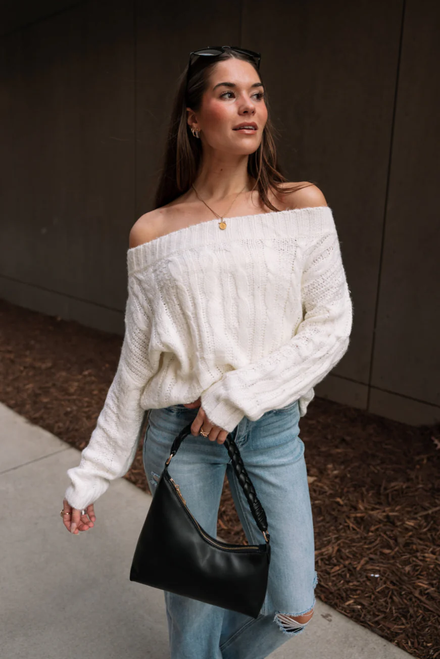 Rhea Ivory Cable Knit Off-The-Shoulder Sweater