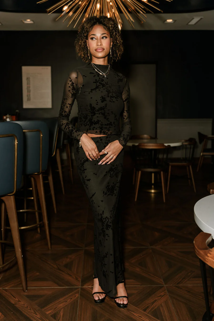 Roxanna Black Floral Mesh Midi Skirt - Image 2