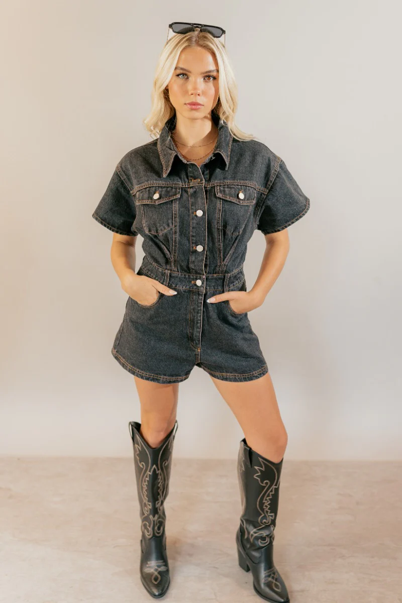 Ruth Black Denim Short Sleeve Romper - Image 2