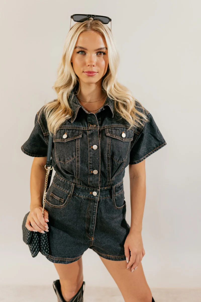 Ruth Black Denim Short Sleeve Romper - Image 3