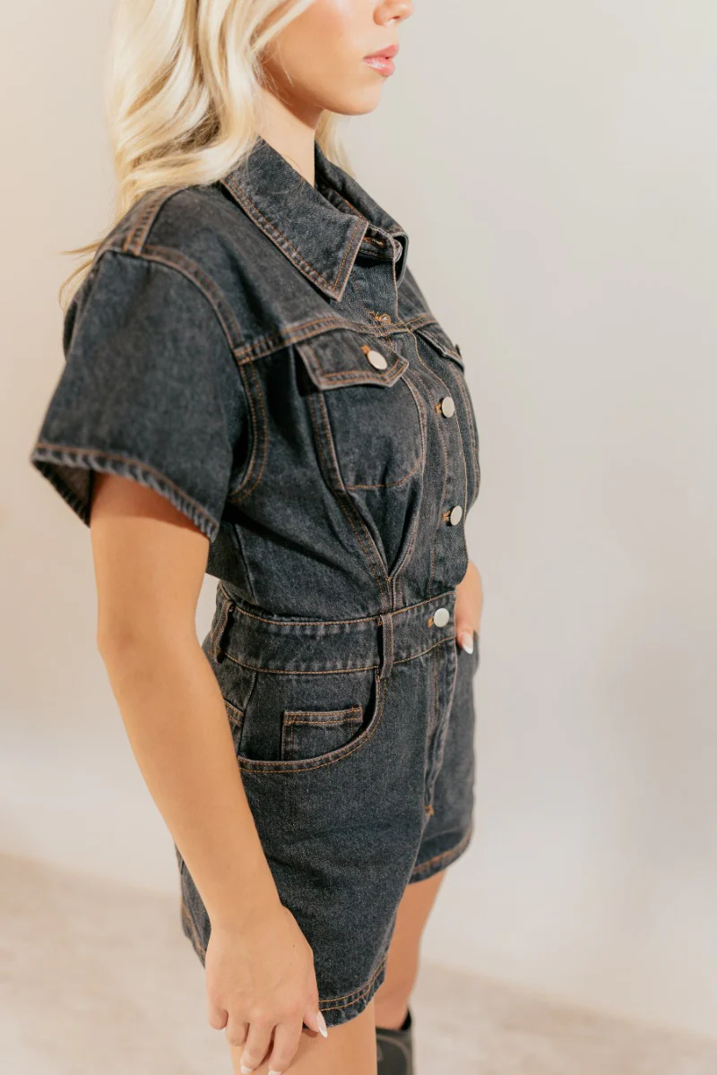 Ruth Black Denim Short Sleeve Romper - Image 5