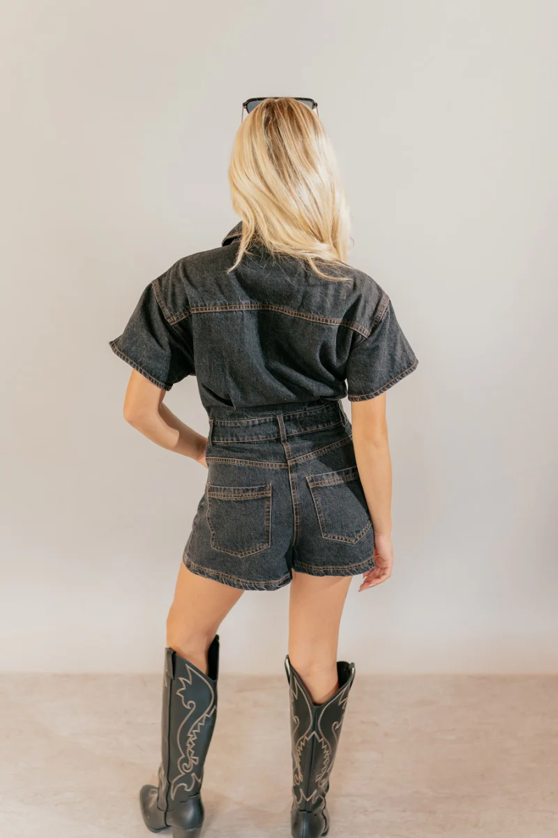 Ruth Black Denim Short Sleeve Romper - Image 6