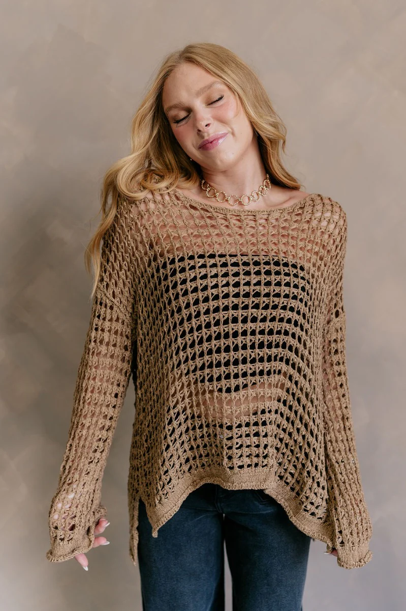 Sahara Taupe Crochet Knit Long Sleeve Sweater - Image 2