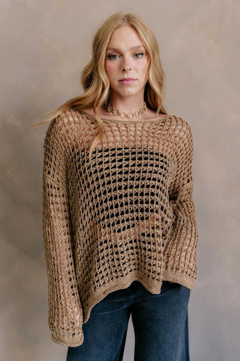 Sahara Taupe Crochet Knit Long Sleeve Sweater - Image 3