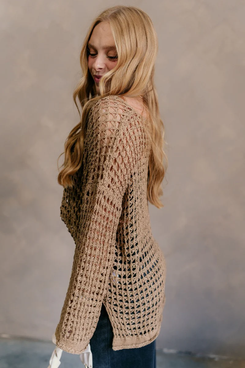 Sahara Taupe Crochet Knit Long Sleeve Sweater - Image 4