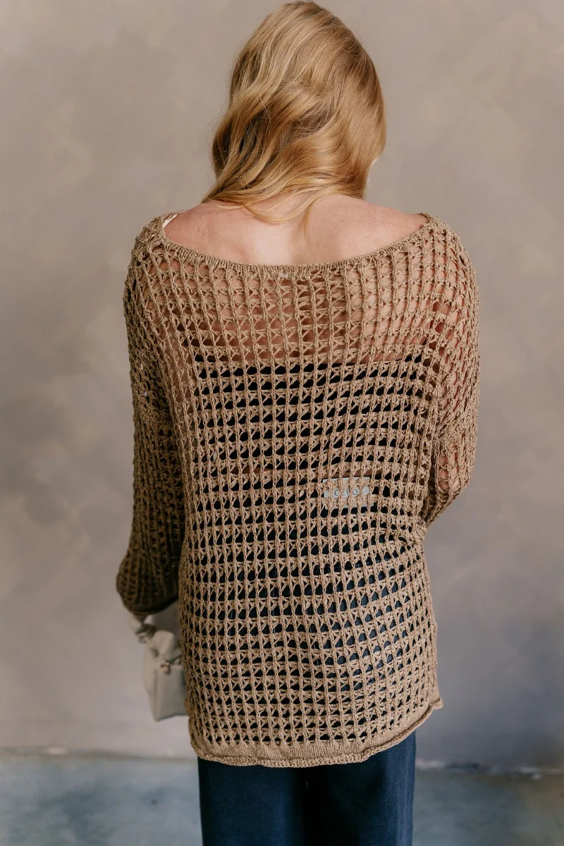 Sahara Taupe Crochet Knit Long Sleeve Sweater - Image 5