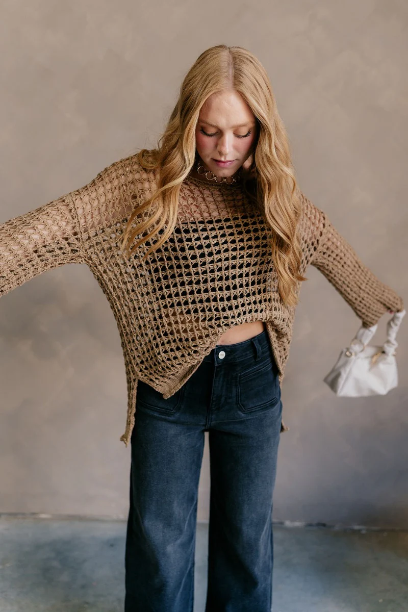 Sahara Taupe Crochet Knit Long Sleeve Sweater - Image 8