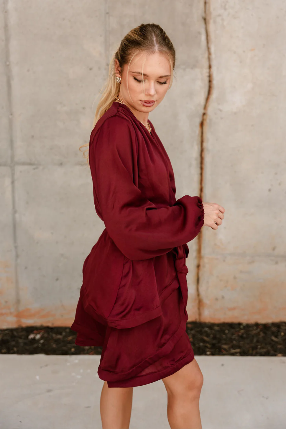 Selah Burgundy Satin Flare Mini Dress - Image 8