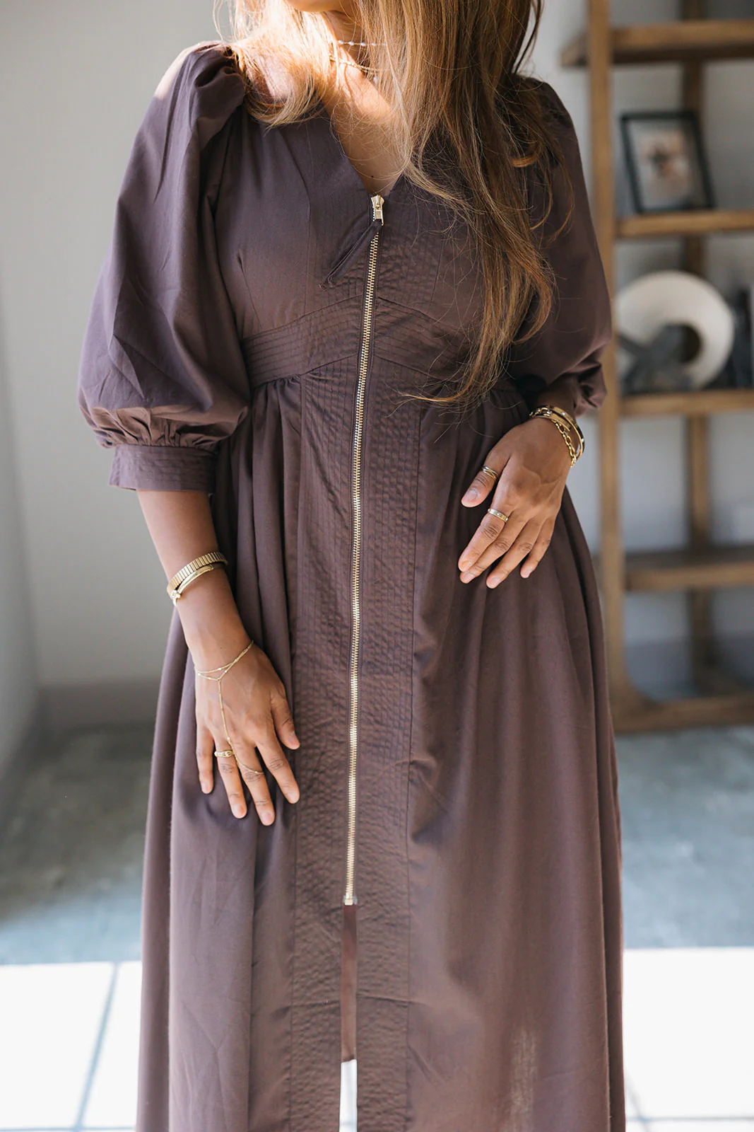 Siena Dark Brown & Gold Zip-Up Midi Dress