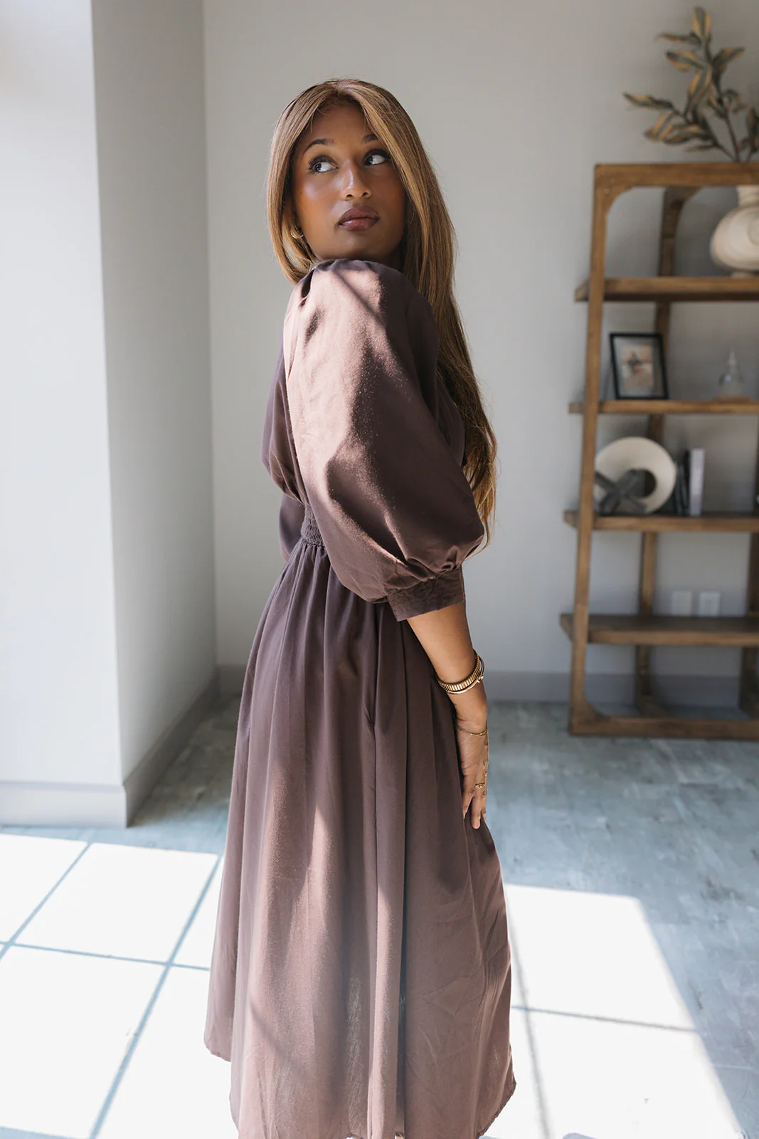 Siena Dark Brown & Gold Zip-Up Midi Dress - Image 10