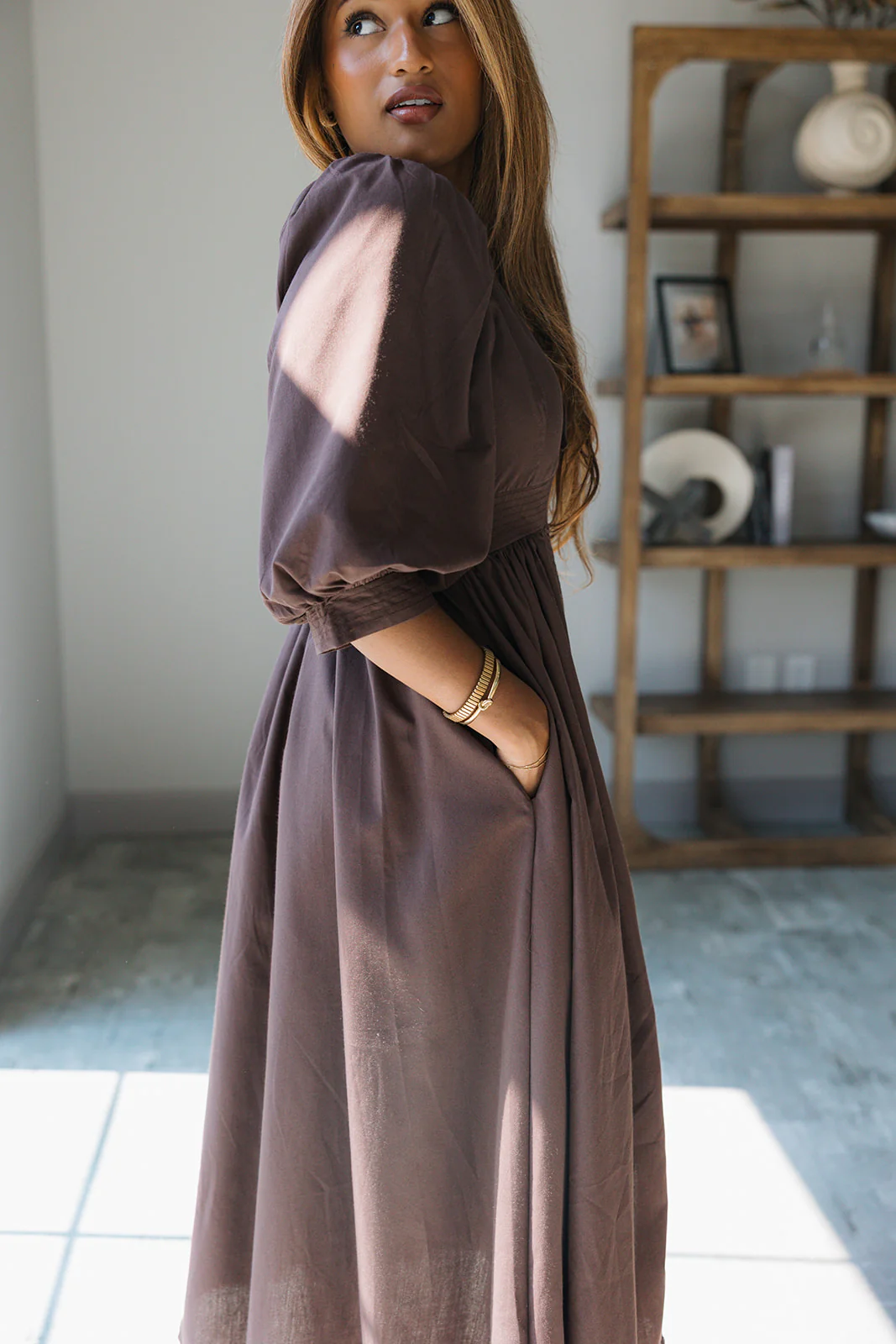 Siena Dark Brown & Gold Zip-Up Midi Dress - Image 3