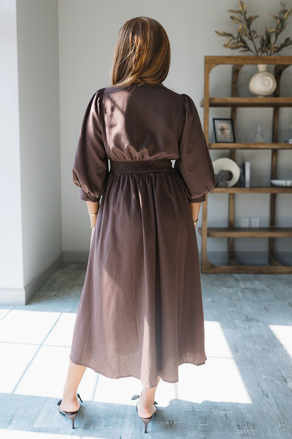 Siena Dark Brown & Gold Zip-Up Midi Dress - Image 4