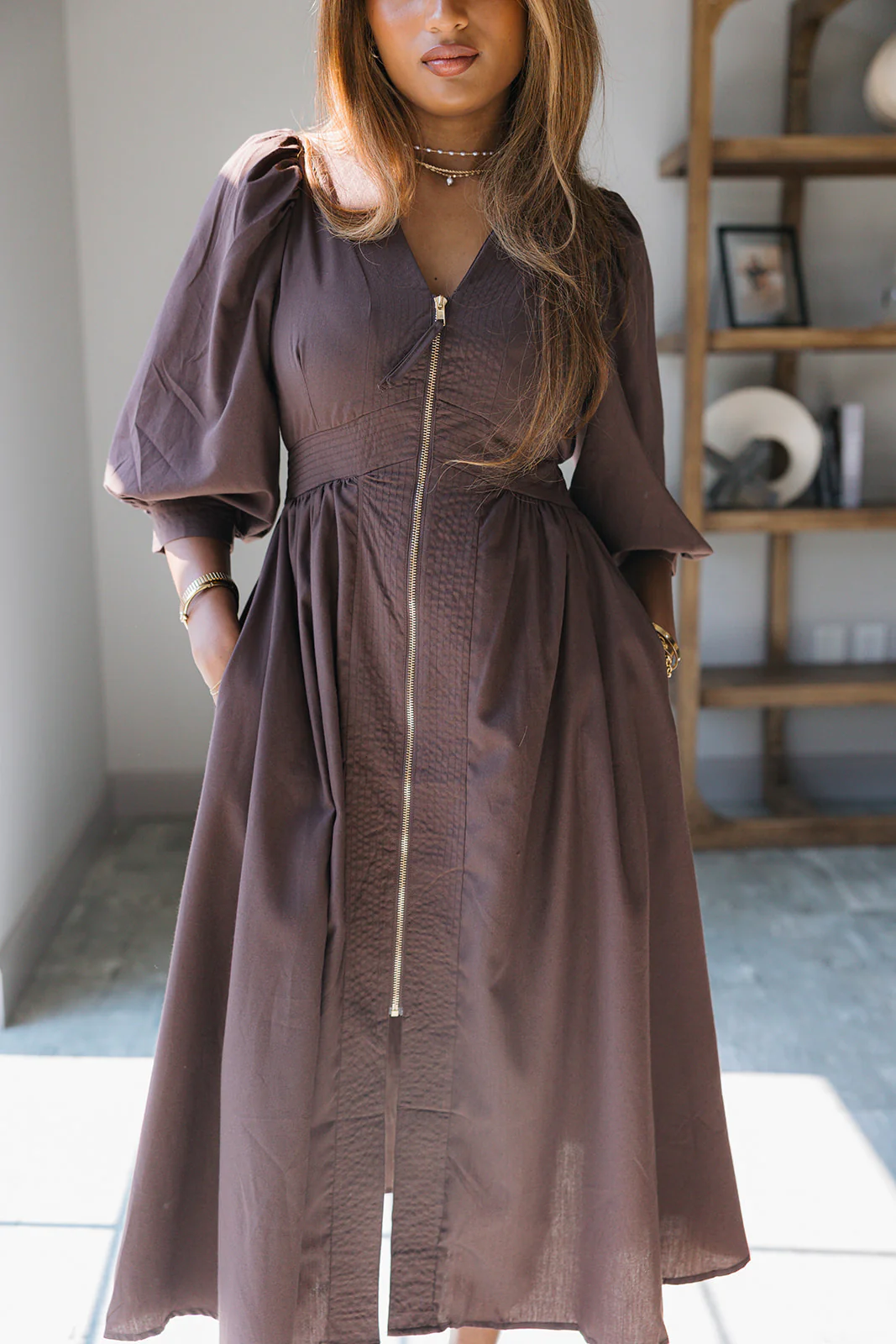 Siena Dark Brown & Gold Zip-Up Midi Dress - Image 5