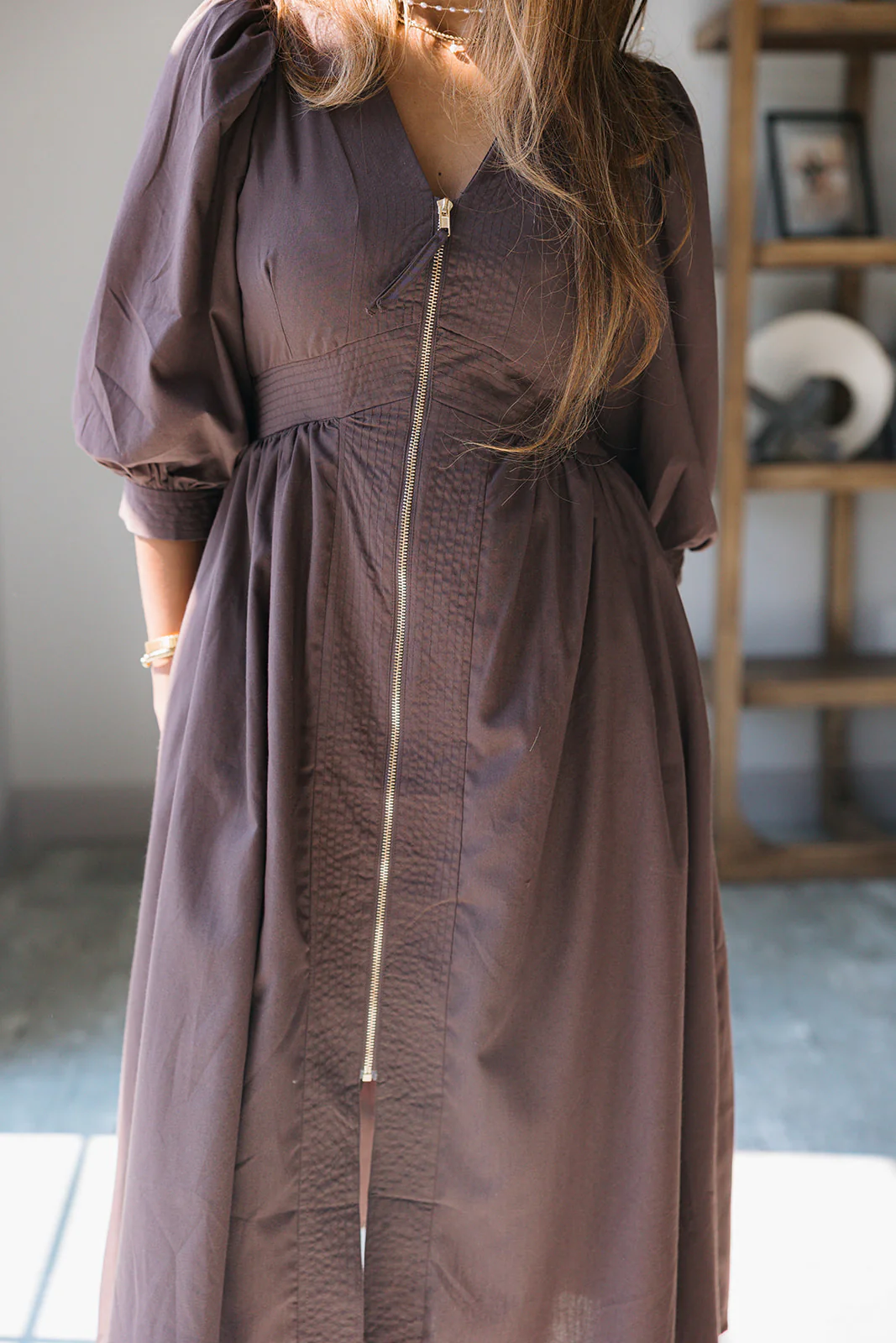 Siena Dark Brown & Gold Zip-Up Midi Dress - Image 6