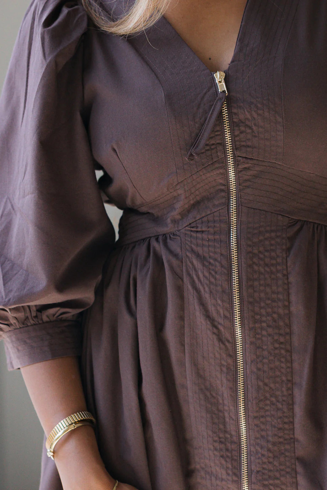 Siena Dark Brown & Gold Zip-Up Midi Dress - Image 7