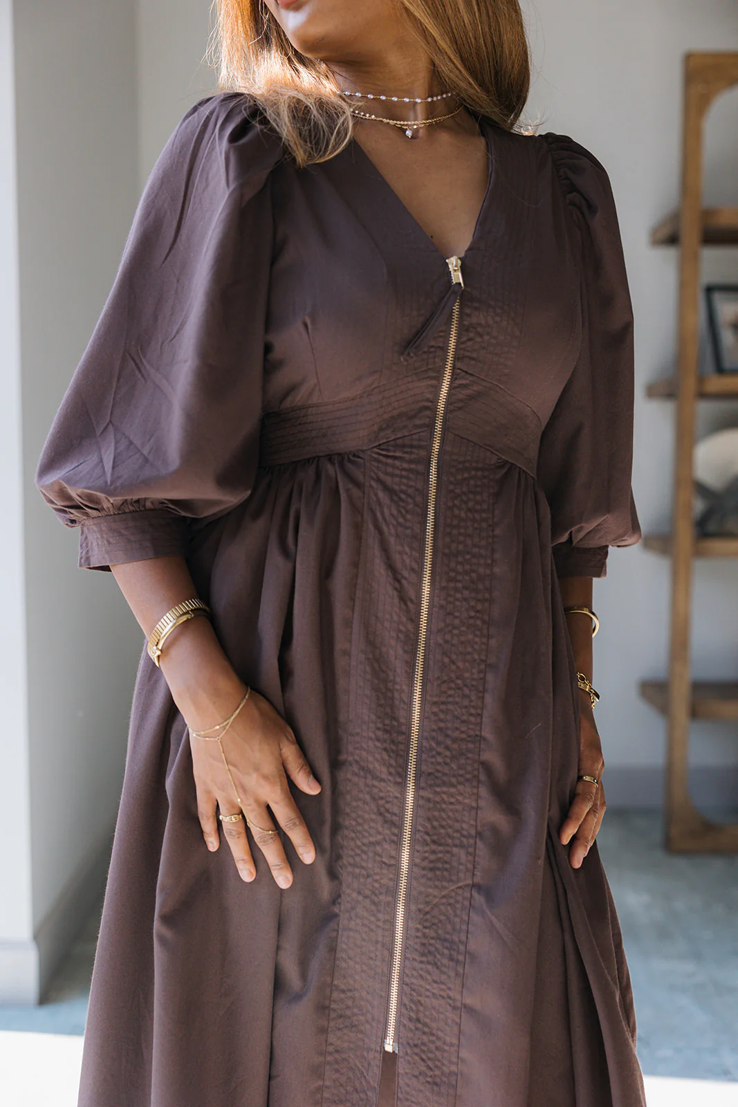 Siena Dark Brown & Gold Zip-Up Midi Dress - Image 8