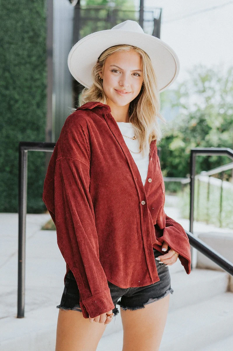Sloane Corduroy Shacket in Wine