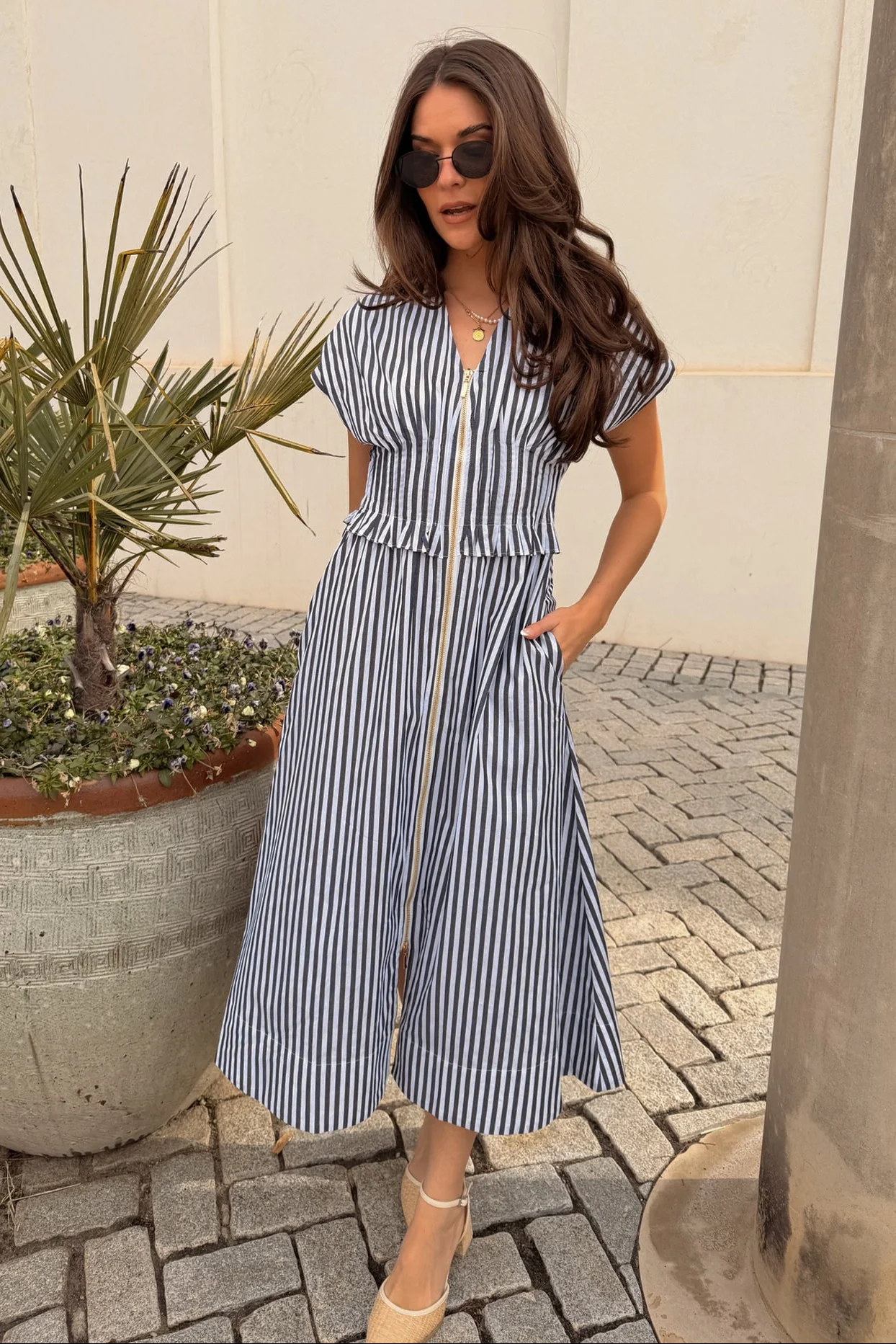 Solana Navy & White Stripe Zip-Up Midi Dress - Image 5