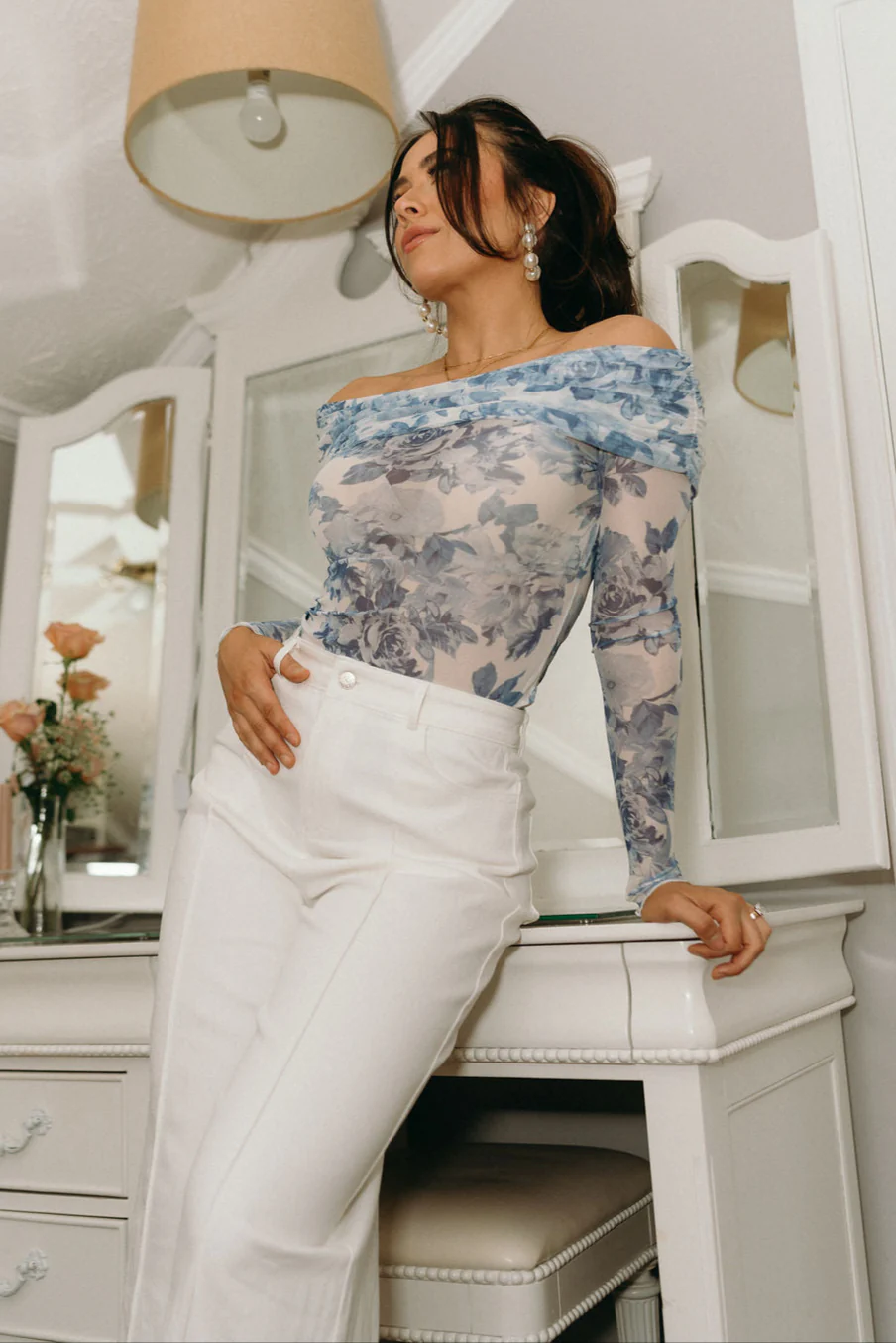 Solene Blue & White Floral Mesh Bodysuit