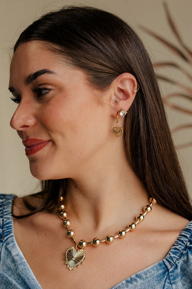 Vera Rhinestone & Gold Heart Shaped Huggie Earring