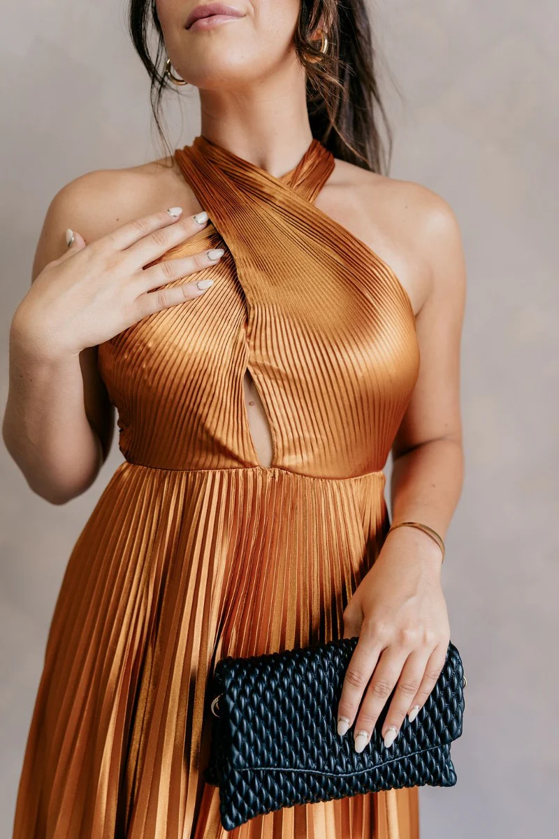 Verona Gold Pleated Satin Maxi Dress - Image 2
