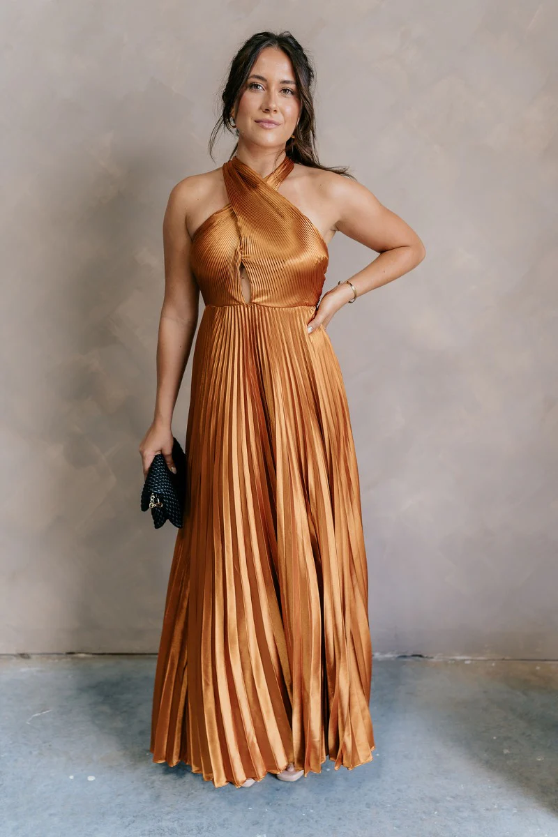Verona Gold Pleated Satin Maxi Dress - Image 3