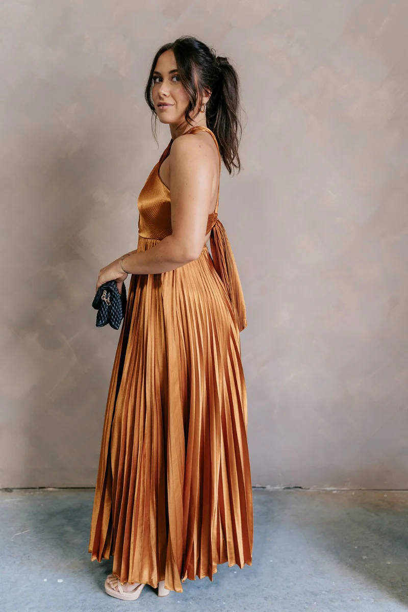 Verona Gold Pleated Satin Maxi Dress - Image 4
