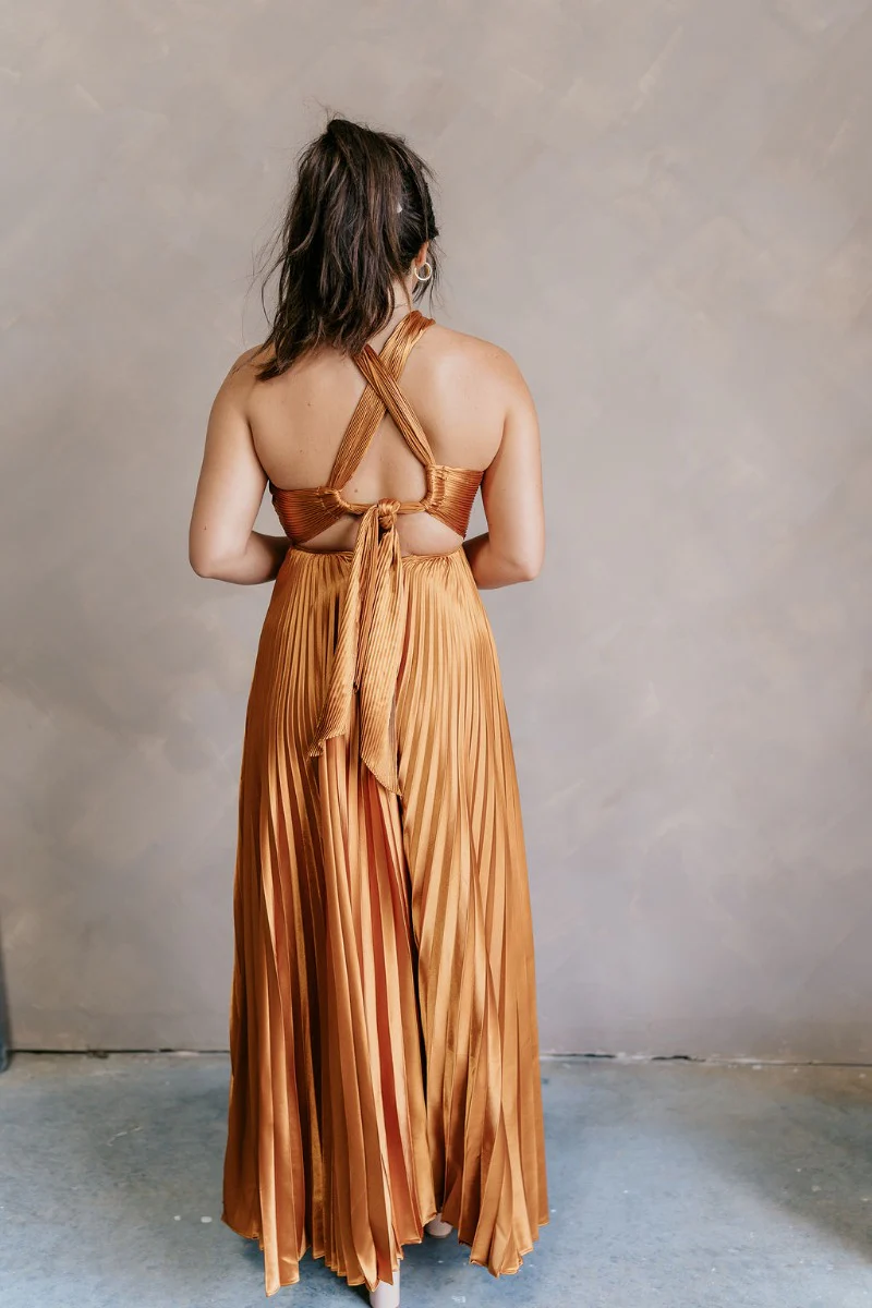Verona Gold Pleated Satin Maxi Dress - Image 5